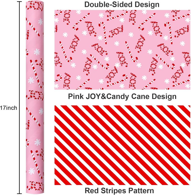 MAYPLUSS Christmas Gift Wrapping Paper Roll - 17 Inch X 33 Feet - Reversible Pink Candy Cane and Stripe Design for Winter Gift Wrap, DIY Craft, Christmas, Party, Holiday and Birthday - Image 4